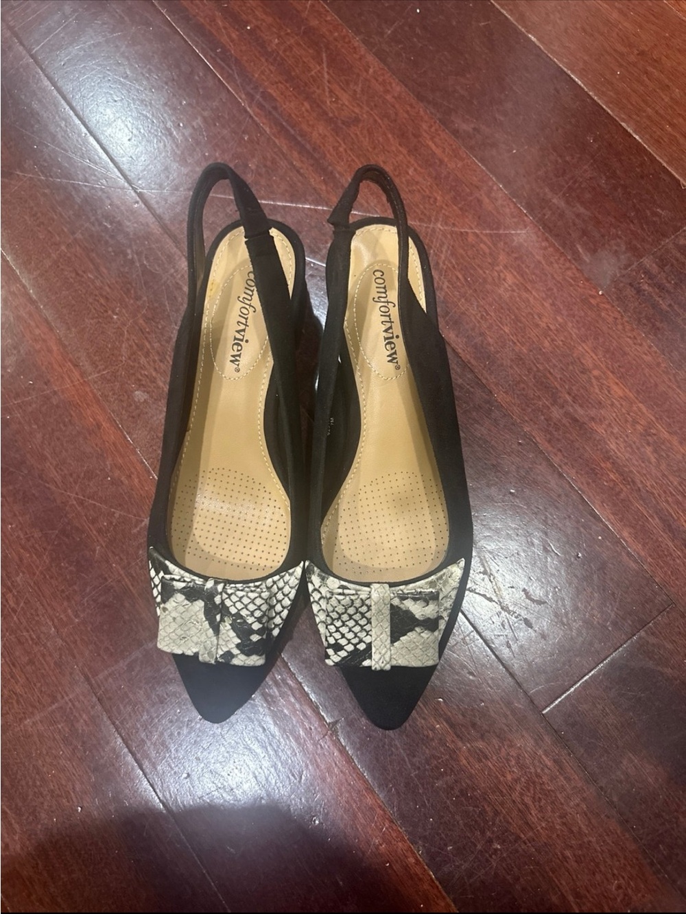 comfortview Black Slingback Flats with Snake-Print Accent
